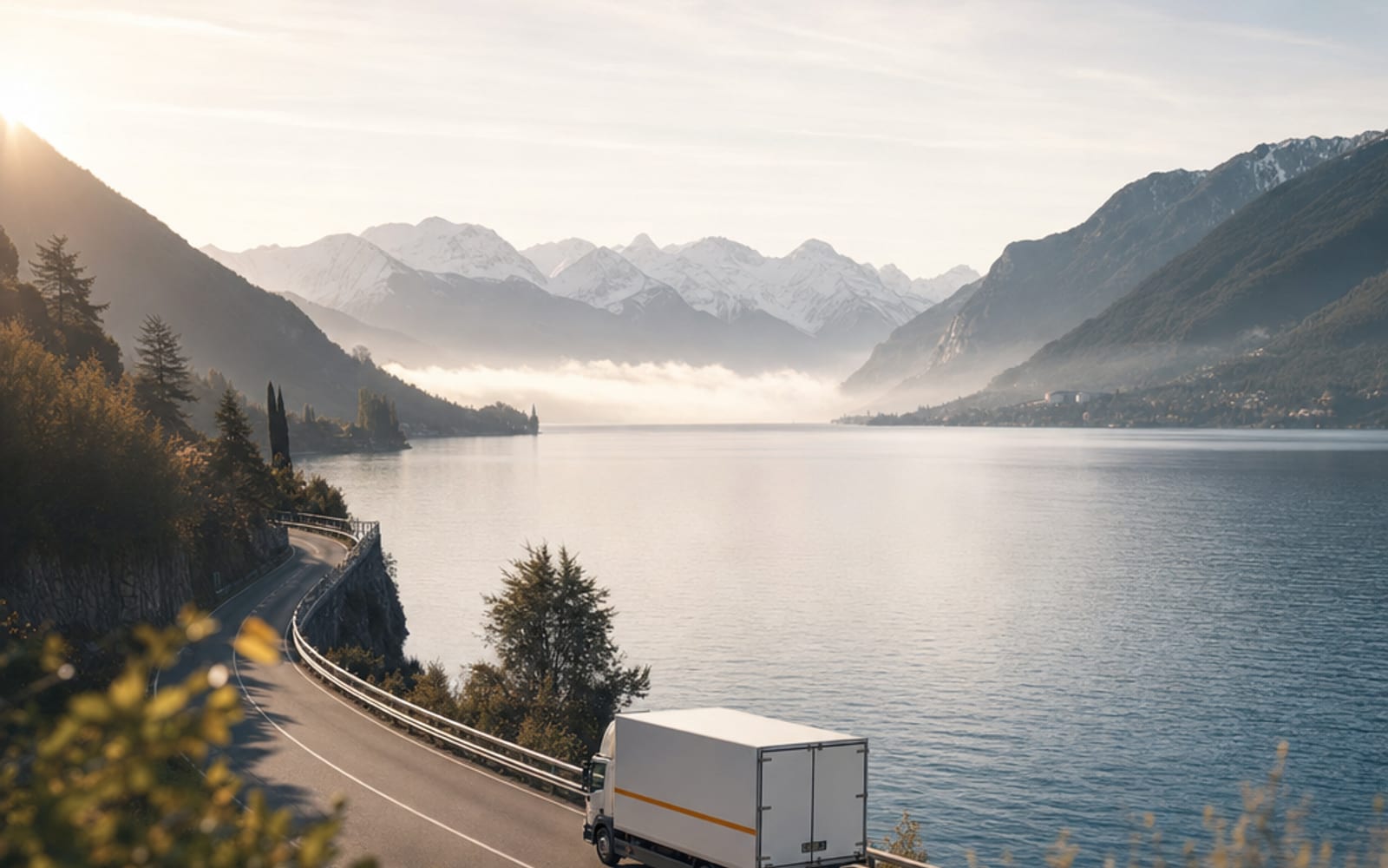 Umzugs-LKW fährt im Morgenlicht eine Uferstraße am Alpensee entlang